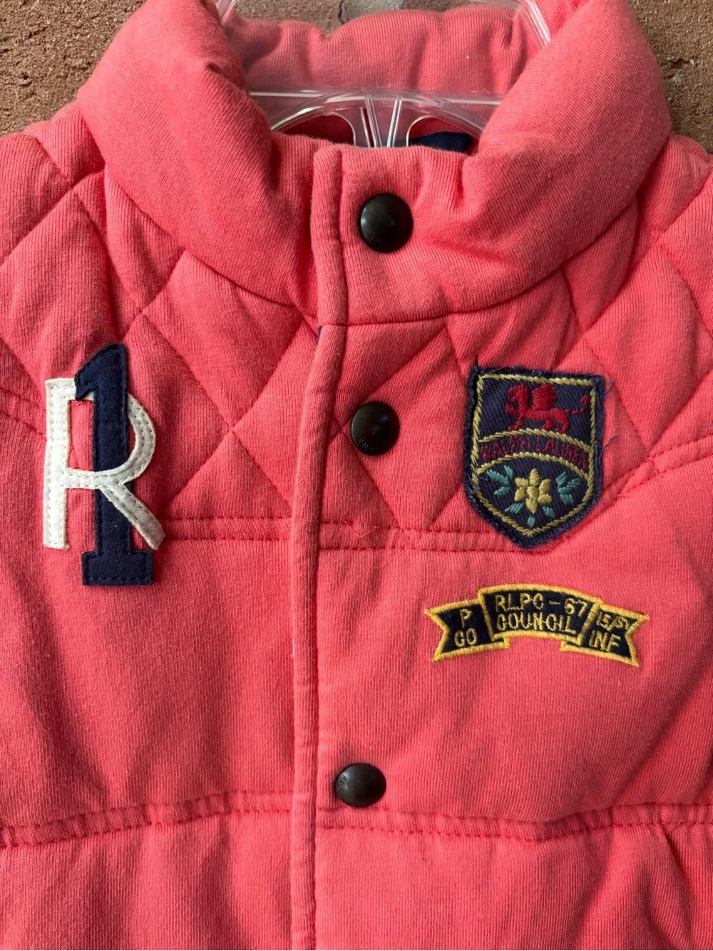 Ralph Lauren Girls 6X Quilted Vest Coral Navy Equestrian Crest Preppy